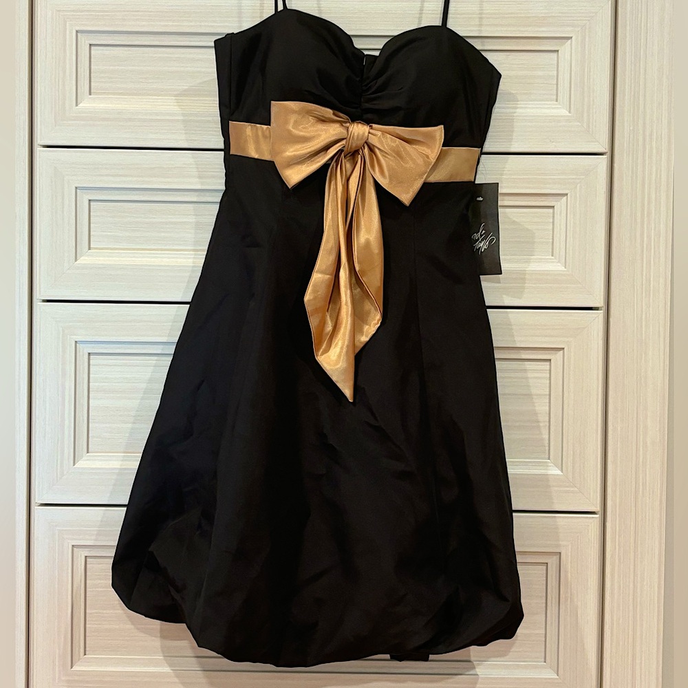 PROM Bubble Skirt Black & Gold Sweetheart Satin-Bow Cocktail Dress - Picture 4 of 13